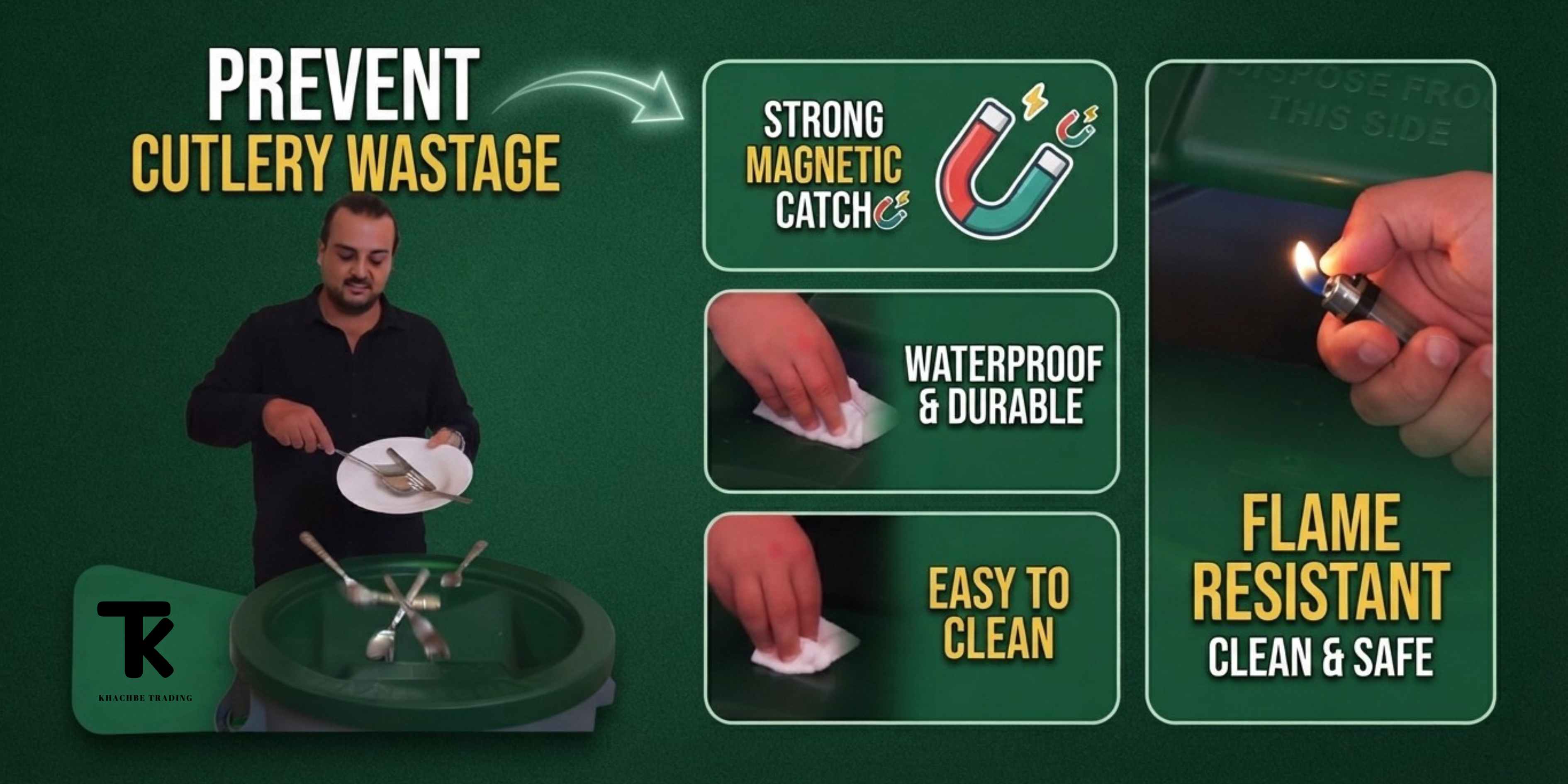 Promotional graphic for the magnetic bin cover that is a cutlery catcher on a dark green background. The image includes text callouts such as 'PREVENT CUTLERY WASTAGE,' feature badges like 'STRONG MAGNETIC CATCH,' 'WATERPROOF & DURABLE,' 'EASY TO CLEAN,' and 'FLAME RESISTANT CLEAN & SAFE,' plus small inset photos showing a man using the product and hands cleaning a magnet.